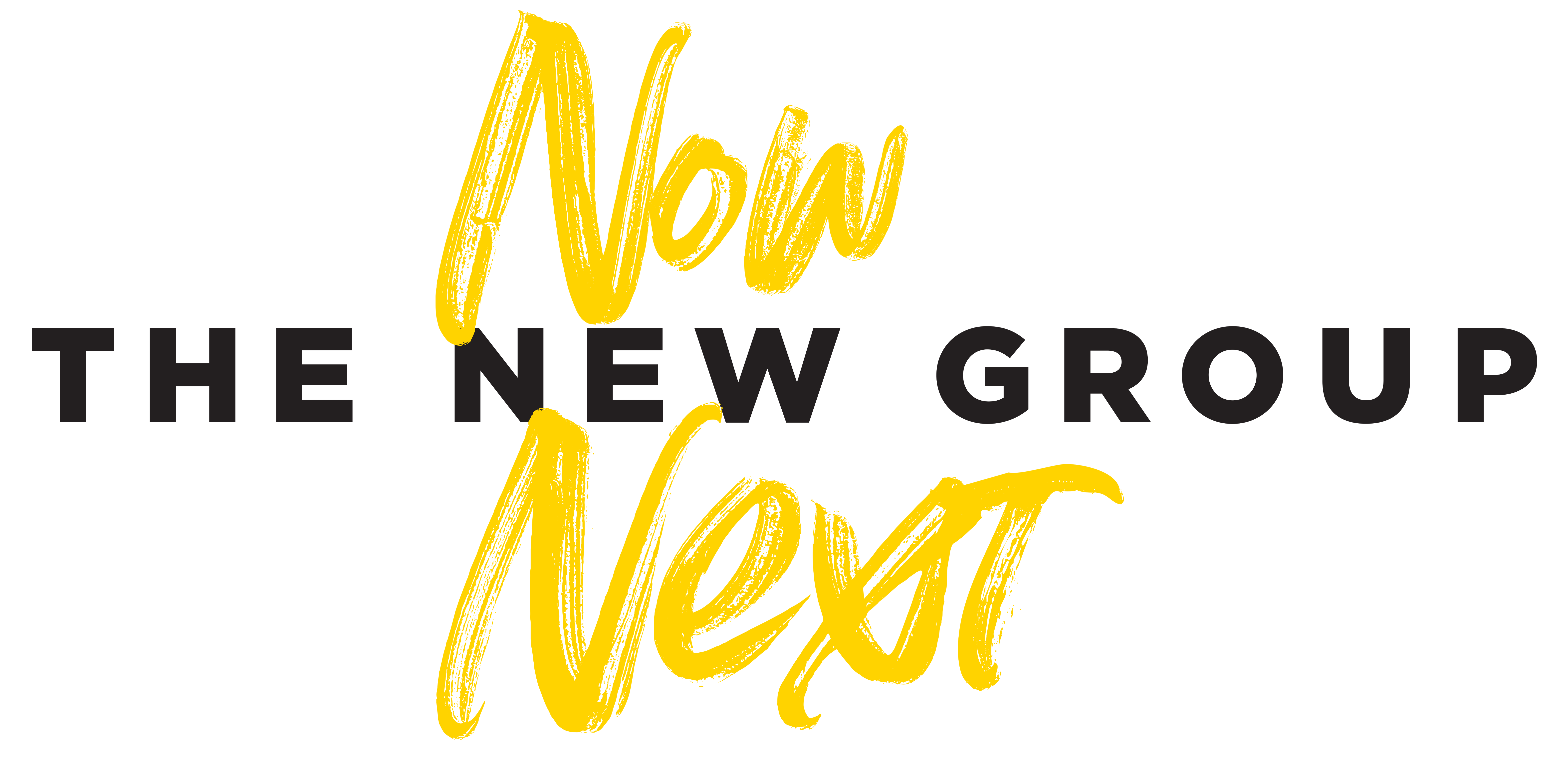 Logo for The New Group Now & Next Fundraising Campaign which includes the traditional New Group logo in black with the words "Now" and "Next" in a handwritten font above and below it.