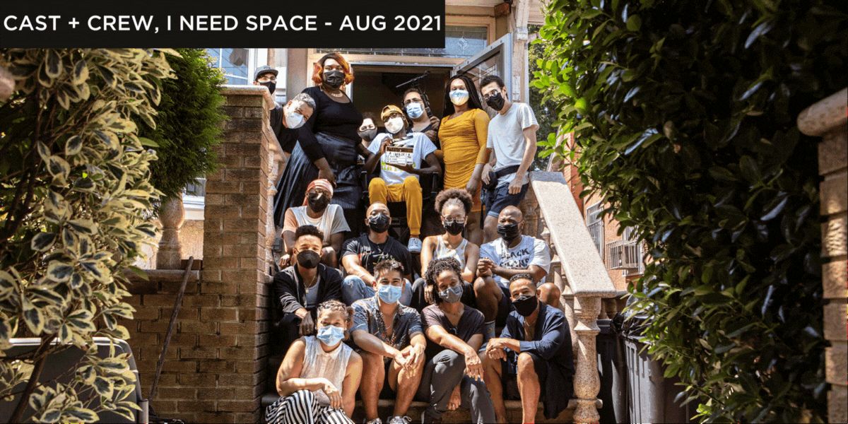 Photos from The New Group's 2021/22 Year, featuring the Cast and Crew of I Need Space, August 2021, featuring 17 diverse, masked people sitting on a stoop; featuring Lili Taylor in the Fever, October 2021, sitting on an orange chair in the middle of the stage, looking pensive; featuring Black No More at The Signature Theater in January and February 2022, showing a full audience, and a production still of the full 26-member cast in the final scene; featuring 2 Off Stage Releases in March 2022 in partnership with Audible – Bernarda’s Daughters by Diane Exavier and The Fever by Wallace Shawn; featuring a photo from The Big Release screening for I need space, April 2022, showing a diverse crowd smiling; and featuring DIONYSIA, June 2022, showing four brightly dressed attendees.