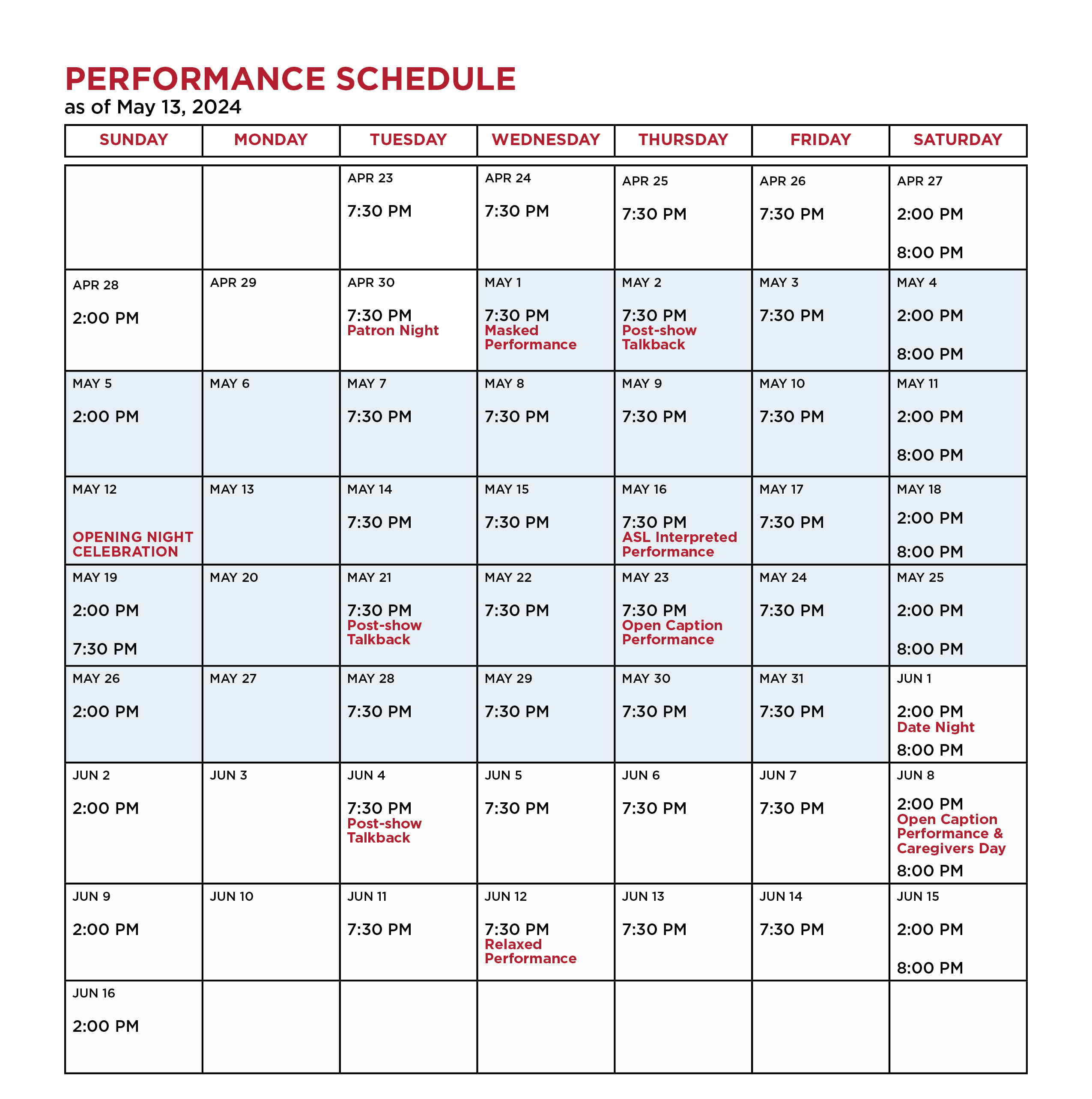All of Me Performance Schedule as of 5/13/24. To View up to date show times, click BUY TICKETS