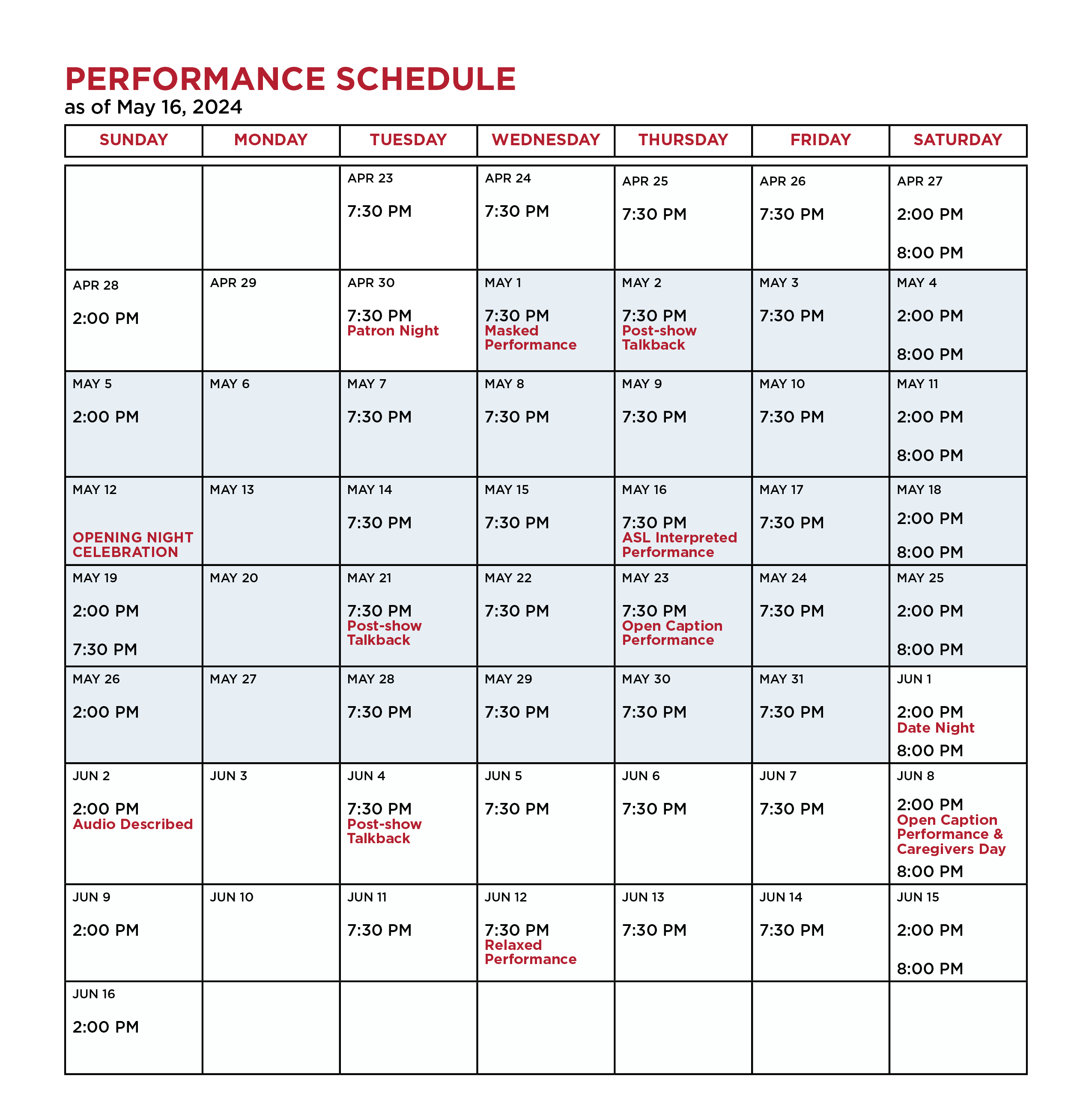 All of Me Performance Schedule as of 5/16/24. To View up to date show times, click BUY TICKETS