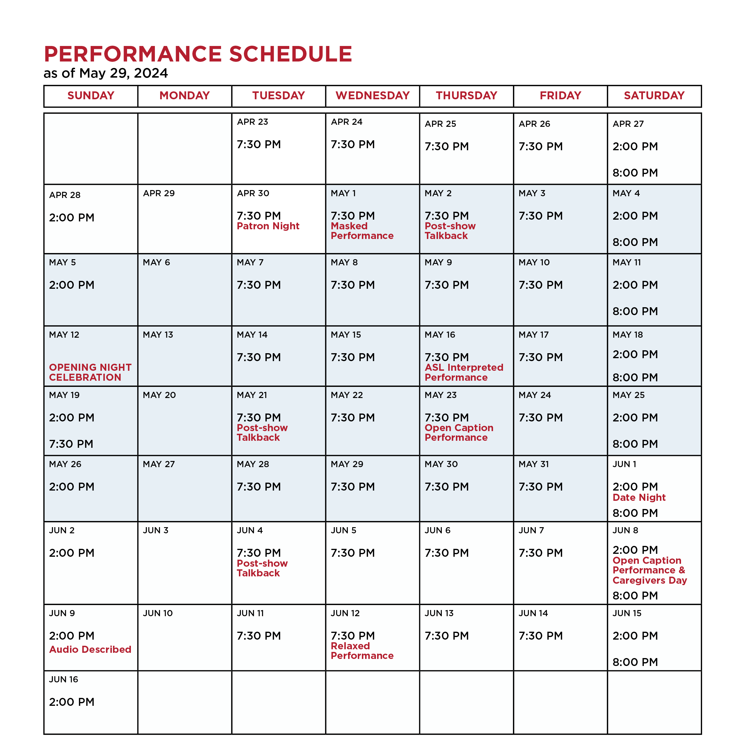 All of Me Performance Schedule as of 5/29/24. To View up to date show times, click BUY TICKETS