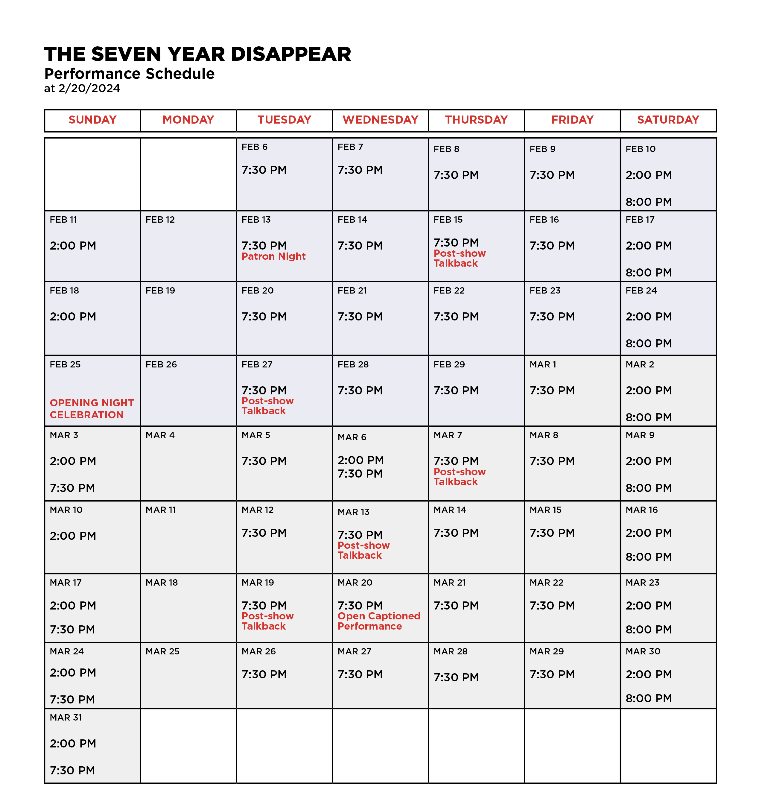 The Seven Year Disappear Performance Calendar at 2.21.24